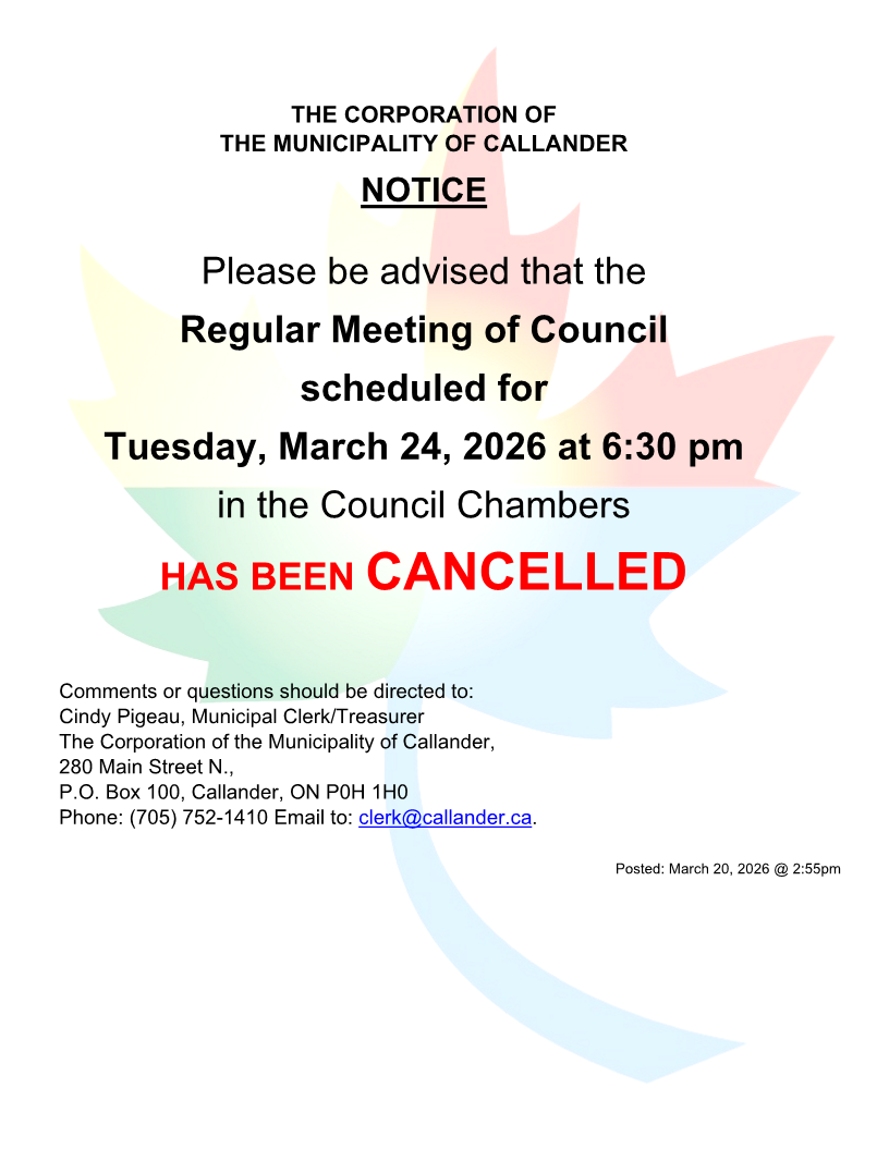 Regular Meeting of Council Tuesday, March 24, 2026 CANCELLED